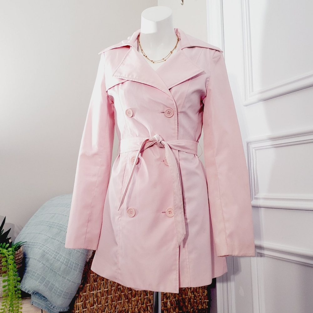 Vintage 90s Cute Costa Blanca "Caterina" Satin Pink Tie Waist Trench Coat